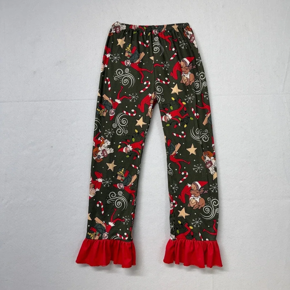 Kids Christmas Elf‎ Pajama Set Long Sleeve Pants Ruffle Red Green 3XL 7-8T